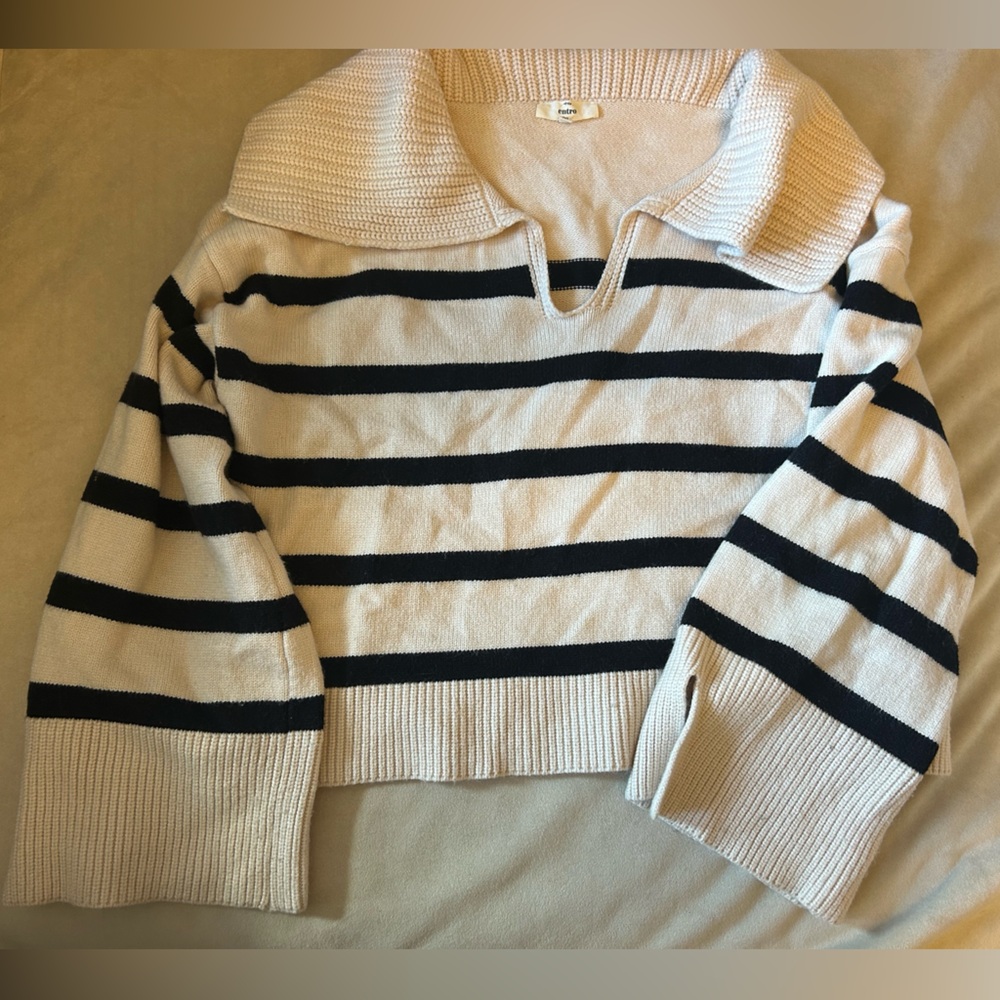 Entro Cream and Black Striped Collared Sweater